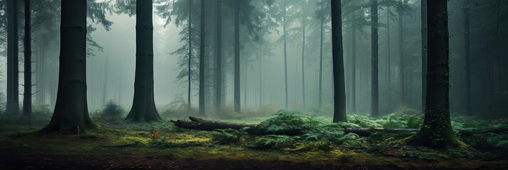 foggy forest with picturesque trees 