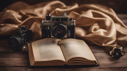 Vintage camera and old book on wooden table. soft focus background