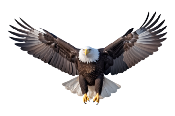 Bald eagle flying on skies on transparent background, Generative AI