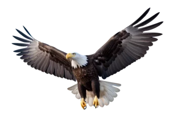 Zelfklevend Fotobehang Bald eagle flying on skies on transparent background, Generative AI © mizan