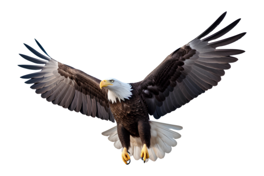 Bald eagle flying on skies on transparent background, Generative AI