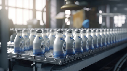 Close-up of milk and yoghurt carefully put into plastic bottles on busy production line, conveyor belt in factory - obrazy, fototapety, plakaty
