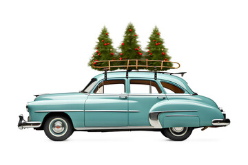 Christmas car PNG tree hauling on a roof on transparent background, Generative AI