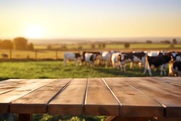 Empty wooden table top with blurred cattle farm background for product display montage