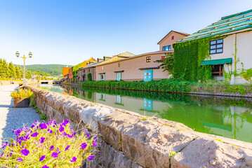 Colorful Warehouses along Otaru canal in summer blue sky day, One of most famous tourist...