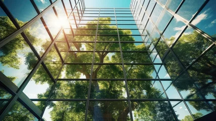 Foto op Aluminium Looking up to the sky, close up view of office windows with reflection of green tree environment. Generative AI image weber. © Summit Art Creations