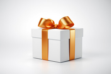 Gift box wrapped with orange ribbon white background, Generative AI