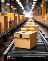 Efficient Fulfillment: Boxes on Conveyor Belt in Delivery Warehouse - obrazy, fototapety, plakaty