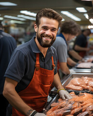 Dedicated Grocery Team: Young Man in Meat and Seafood Department - obrazy, fototapety, plakaty