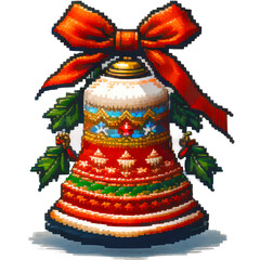 Bell icon, red ribbon element, pixel art style