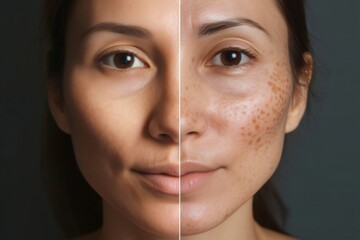 Before and after of Woman with facial treatment concept. Face of lady with melasma and brown spots and open pores , Therapy required, Dermatology - obrazy, fototapety, plakaty