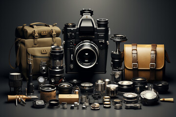 various photographic equipment in a frame 