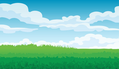 Background of green grass and blue sky with clouds. Vector illustration.
