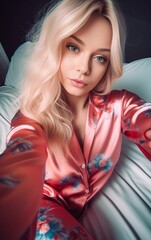 Naklejka premium Taking duck face selfie Self portrait of young beautiful woman smiling with closed eyes while sitting on the couch at home : Generative AI