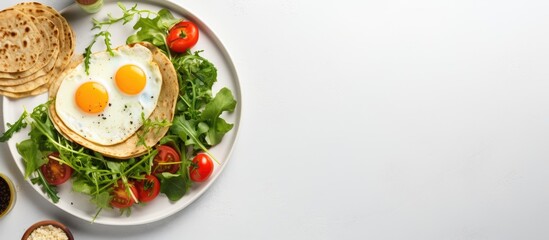 Vegetarian crepes with egg asparagus tomatoes peas and greens on a plate pancakes and ingredients on table white background top view