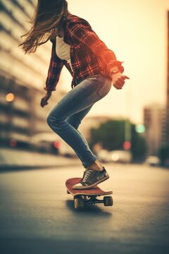Woman skating Closeup of young woman keeping one foot on the skateboard while spending time outdoors : Generative AI