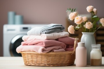 Linen in the laundry room. Background with selective focus and copy space