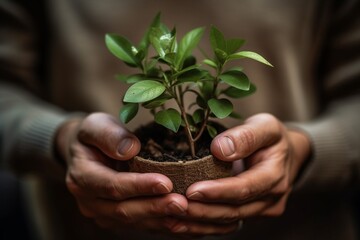 New green life Closeup of male hands holding green plant : Generative AI