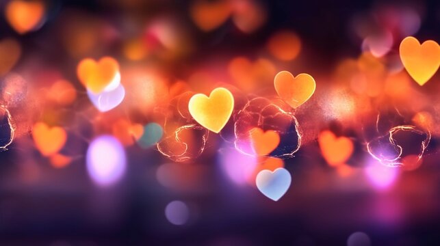 Heart Shaped Colorful Blurred Bokeh St Valentines Day Background : Generative AI