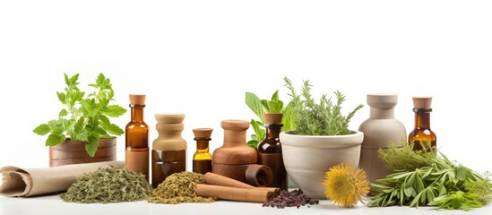 Herbal medicine products and grinder for natural medicine isolated on white background - obrazy, fototapety, plakaty
