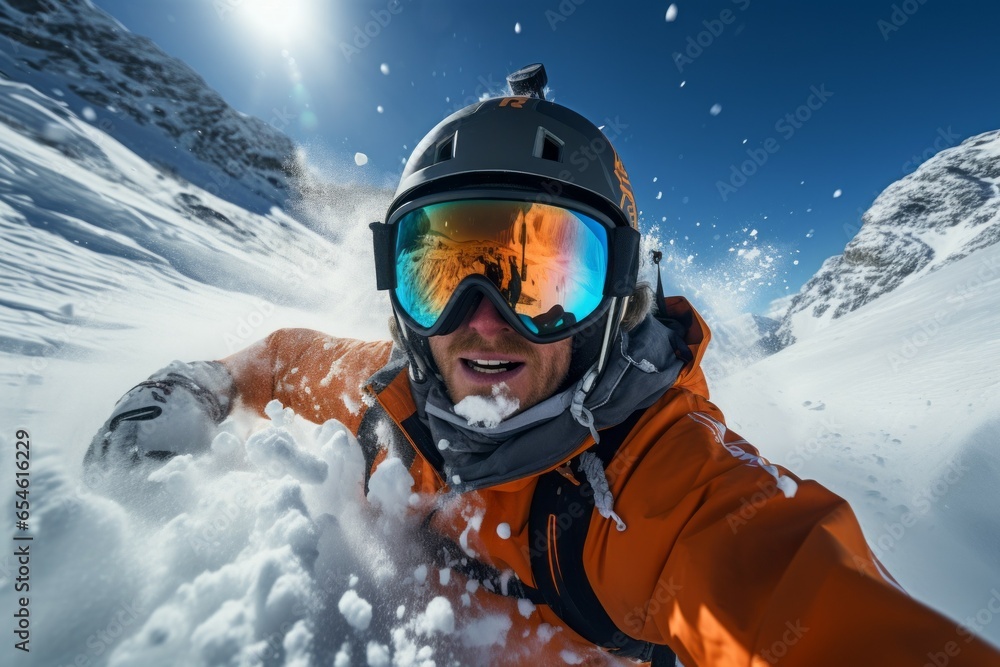 Poster a man caught in an avalanche. background with selective focus and copy space