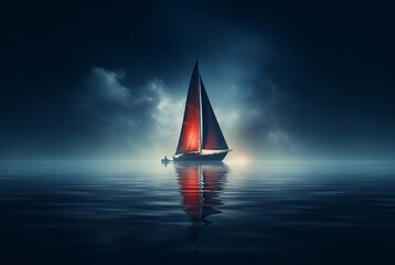 a sailboat floating in the water in a blue night - obrazy, fototapety, plakaty