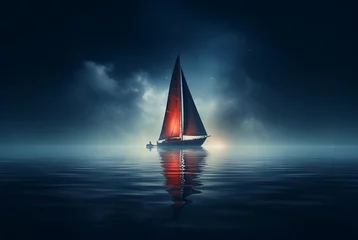Küchenrückwand glas motiv a sailboat floating in the water in a blue night © alex