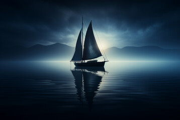 Fototapeta na wymiar a sailboat floating in the water in a blue night
