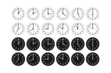 set of wall clock for interior, template mockup with black and white color. vector illustration isolated on white background.