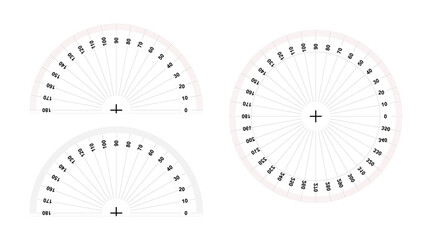set of protractor 360 degrees measure and 180 degrees measure. printable protractor for angle measuring tool. vector illustration isolated on white background.