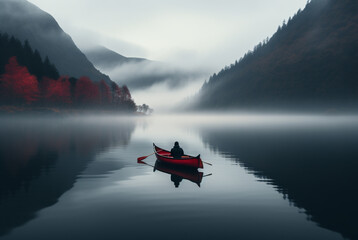 moors and foggy water in a single canoe - obrazy, fototapety, plakaty