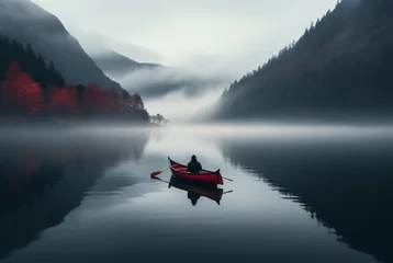 Foto op Canvas moors and foggy water in a single canoe © alex