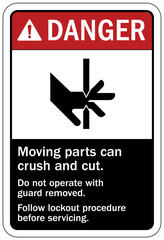 Crush and cut hazard warning sign and labels Moving parts and materials can cut and crush. Keep hands clear. Follow lockout procedure before servicing. Do not operate with guard removed