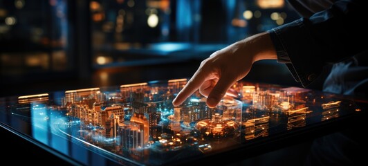 man touch futuristic tablet interface city, ai