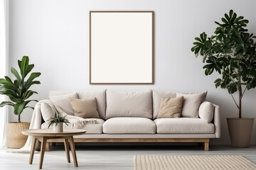 Mockup frame on wall and plants in pot and sofa in living room at home, mock up poster for presentation, your design for gallery photo and picture, border template and decoration for advertising.