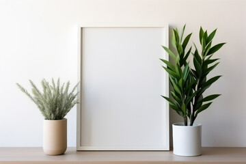 Mockup frame and plants in pot on table top at home, mock up poster for presentation on desk, indoor, your design for gallery photo and picture, border template and decoration for advertising.