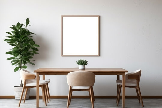 Mockup frame on wall and plants in pot and desk in living room at home, mock up poster for presentation, your design for gallery photo and picture, border template and decoration for advertising.