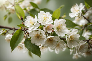 Cherry branch with blooming flowers close up view