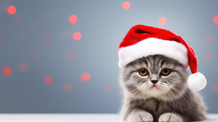 Obraz na płótnie Canvas Cat in Santa Claus Hat with Christmas Background, Festive Season, Copy Space. Generative AI