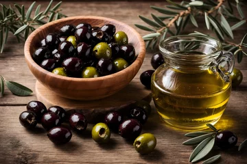 Foto op Plexiglas olive oil and olives in a wooden bowl © Designer Khalifa