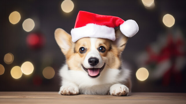 Welsh Corgi Dog in Santa Claus Hat with Christmas Background, Festive Season, Copy Space. Generative AI