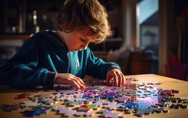 Child boy doing a puzzle. Generative AI