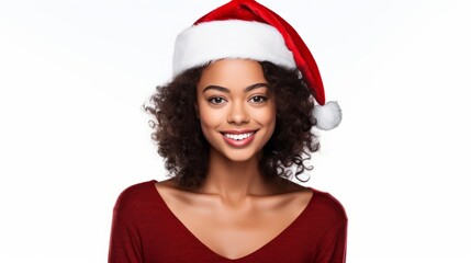 a closeup photo portrait of a beautiful young black african american female lady model smiling laughing. wearing a red santa cap hat at christmas. isolated on white studio background. Generative AI - Powered by Adobe
