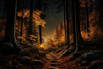 a forest in the woods under the autumn night sky 