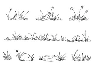 Set of grass doodle elements. Hand drawn grass field outline scribble - obrazy, fototapety, plakaty