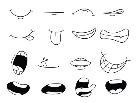 Cartoon mouth smile, happy, sad expression set. Hand drawn doodle mouth