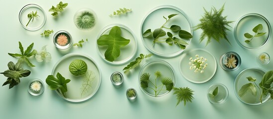 Petri dishes and plants on light green background in a flat lay composition - obrazy, fototapety, plakaty