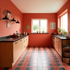 a kitchen with red ceramic cabinets 
