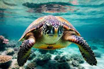 Generative Ai, Sea Turtle in crystal Clear Waters swimming in coral reef