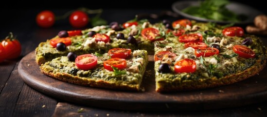 Vegan pizza crust with spinach pesto tomatoes onion and olives